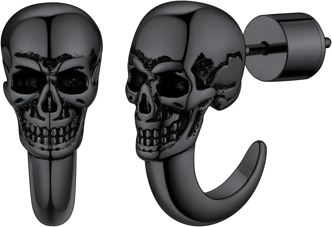 FaithHeart Skull Hoop Earrings for Men Silver/Black/Gold Stainless Steel Huggie Hoop Earrings Lightweight Hypoallergenic Earrings for Sensitive Ears