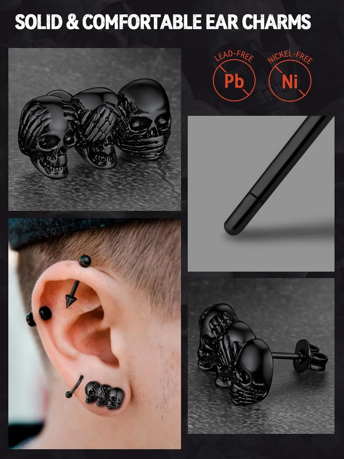 FaithHeart Skull Hoop Earrings for Men Silver/Black/Gold Stainless Steel Huggie Hoop Earrings Lightweight Hypoallergenic Earrings for Sensitive Ears