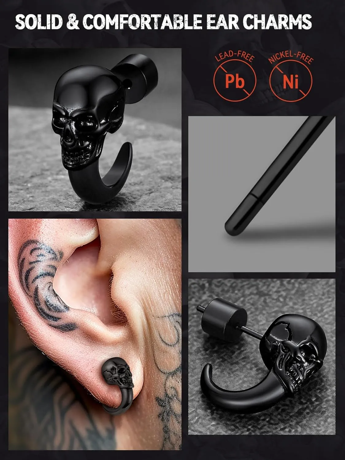 FaithHeart Skull Hoop Earrings for Men Silver/Black/Gold Stainless Steel Huggie Hoop Earrings Lightweight Hypoallergenic Earrings for Sensitive Ears