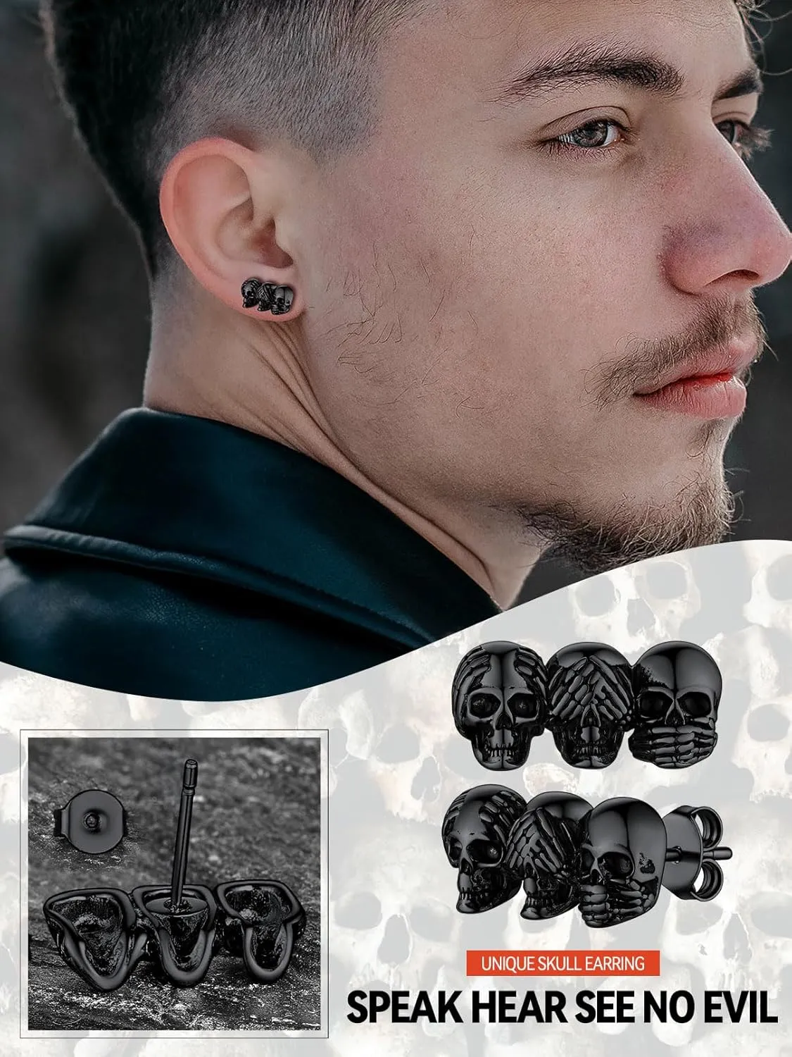 FaithHeart Skull Hoop Earrings for Men Silver/Black/Gold Stainless Steel Huggie Hoop Earrings Lightweight Hypoallergenic Earrings for Sensitive Ears