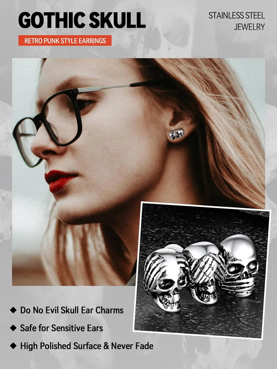 FaithHeart Skull Hoop Earrings for Men Silver/Black/Gold Stainless Steel Huggie Hoop Earrings Lightweight Hypoallergenic Earrings for Sensitive Ears