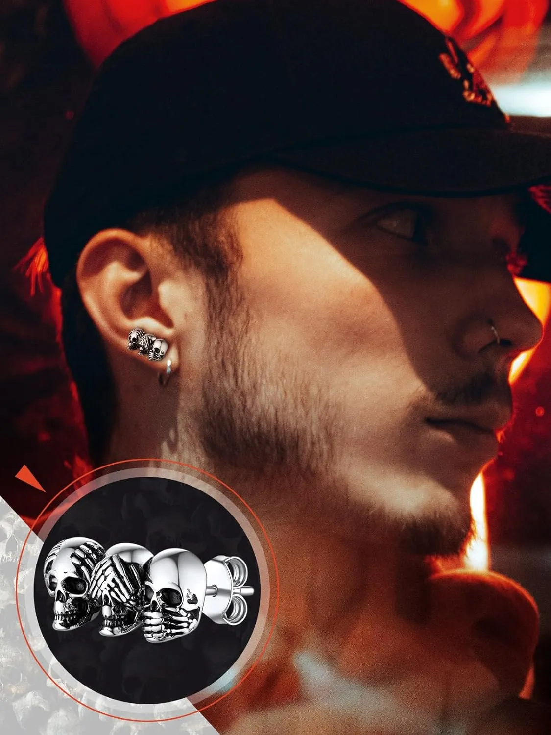 FaithHeart Skull Hoop Earrings for Men Silver/Black/Gold Stainless Steel Huggie Hoop Earrings Lightweight Hypoallergenic Earrings for Sensitive Ears