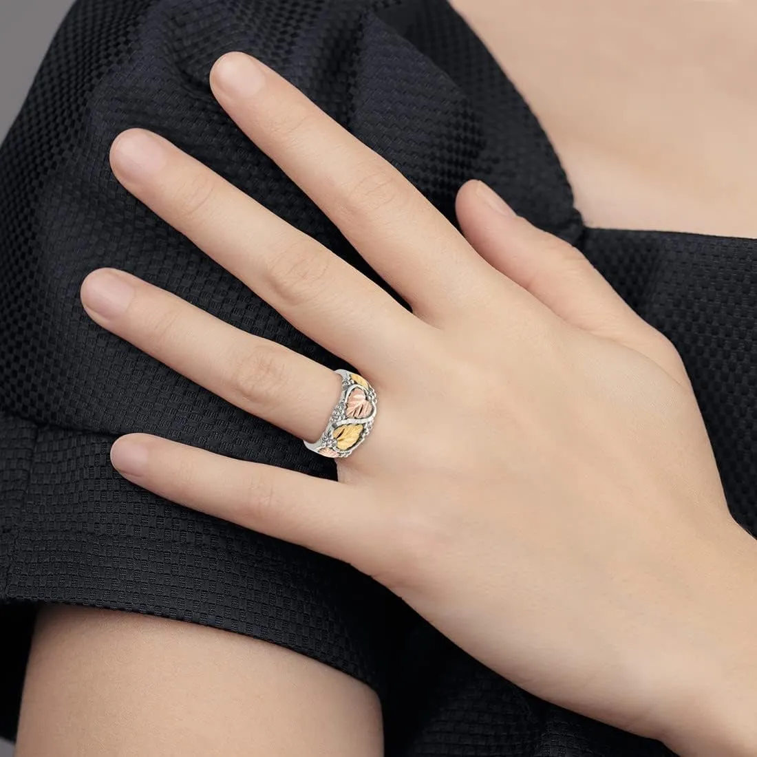 Fancy Victorian-Style Wedding Ring, Sterling Silver, 12k Green and Rose Black Hills Gold