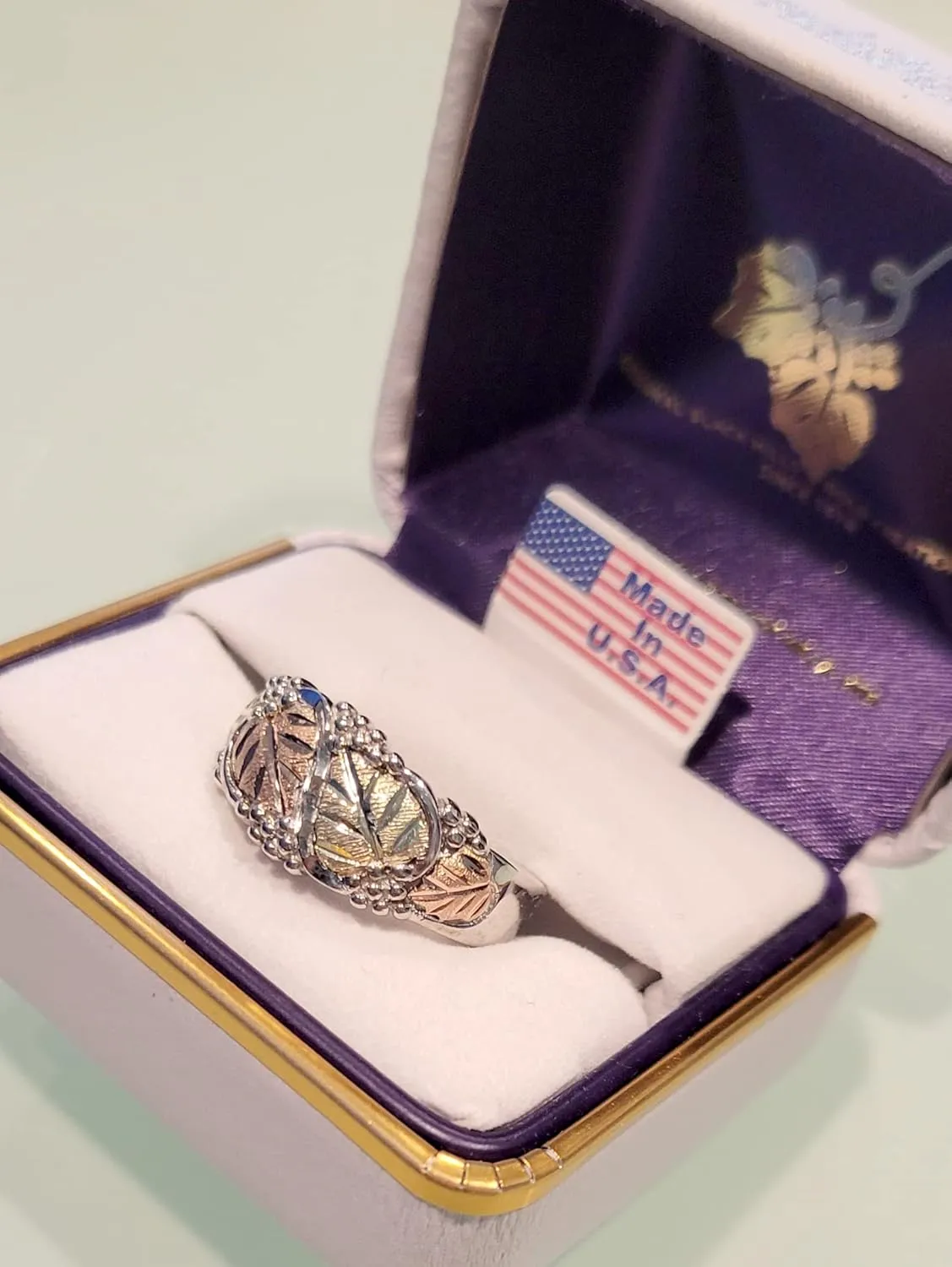 Fancy Victorian-Style Wedding Ring, Sterling Silver, 12k Green and Rose Black Hills Gold