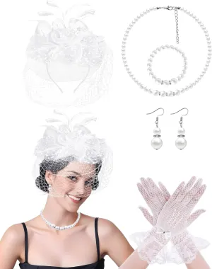Fascinators Hat for Women Tea Party Funeral Veil Mesh Hats Wedding Lace Gloves Set for Cocktail First Communion