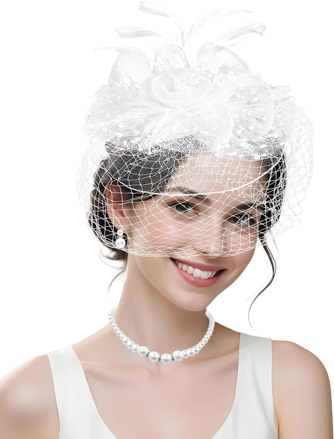 Fascinators Hat for Women Tea Party Funeral Veil Mesh Hats Wedding Lace Gloves Set for Cocktail First Communion