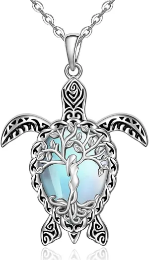 Fenthring Turtle Necklace for Women Moonstone Tree of Life Sea Turtle Necklace Mom Turtles Pendant Jewelry Sterling Silver Birthday Mothers Day Gifts