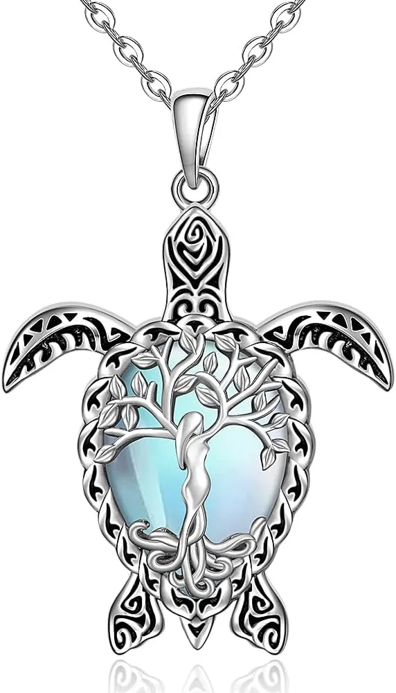 Fenthring Turtle Necklace for Women Moonstone Tree of Life Sea Turtle Necklace Mom Turtles Pendant Jewelry Sterling Silver Birthday Mothers Day Gifts