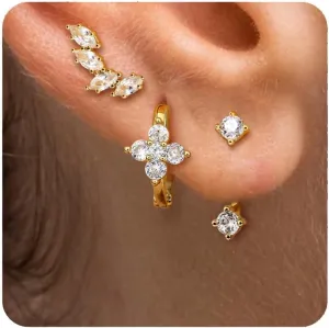 FIASASO 925 Sterling Silver Stud Huggie Earrings Set for Multiple Piercing Hypoallergenic 14K Gold Earrings Dainty Gold Earrings Small Hoop Earrings Cartilage Earrings for Women 3 Pairs