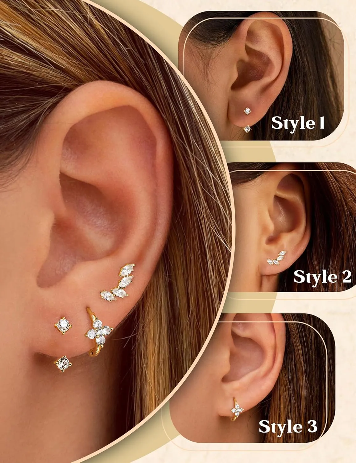 FIASASO 925 Sterling Silver Stud Huggie Earrings Set for Multiple Piercing Hypoallergenic 14K Gold Earrings Dainty Gold Earrings Small Hoop Earrings Cartilage Earrings for Women 3 Pairs