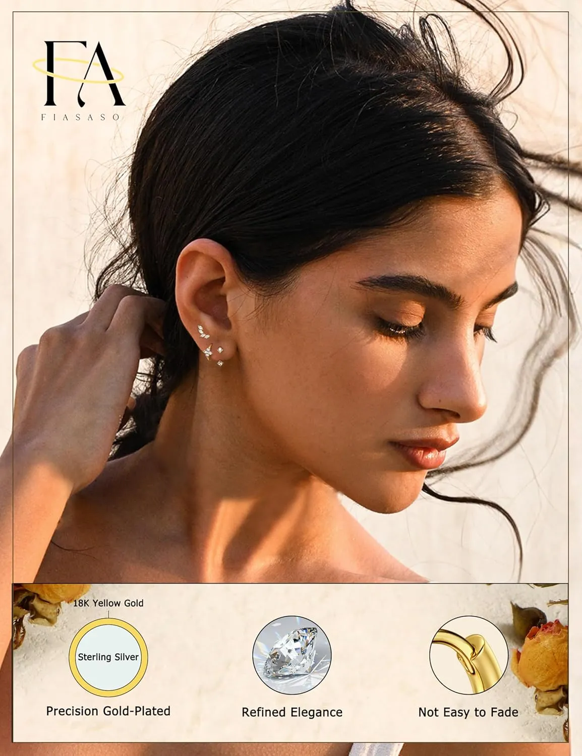 FIASASO 925 Sterling Silver Stud Huggie Earrings Set for Multiple Piercing Hypoallergenic 14K Gold Earrings Dainty Gold Earrings Small Hoop Earrings Cartilage Earrings for Women 3 Pairs