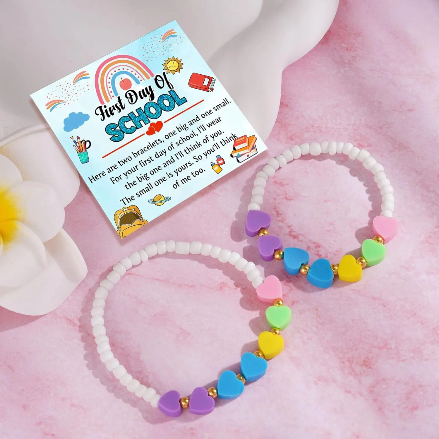 First Day Of Kindergarten Bracelet For Mommy and Me, Back To School 2Pcs/Set Letter Heart Flower Pendant Colorful Beads Silicone Gift Jewelry