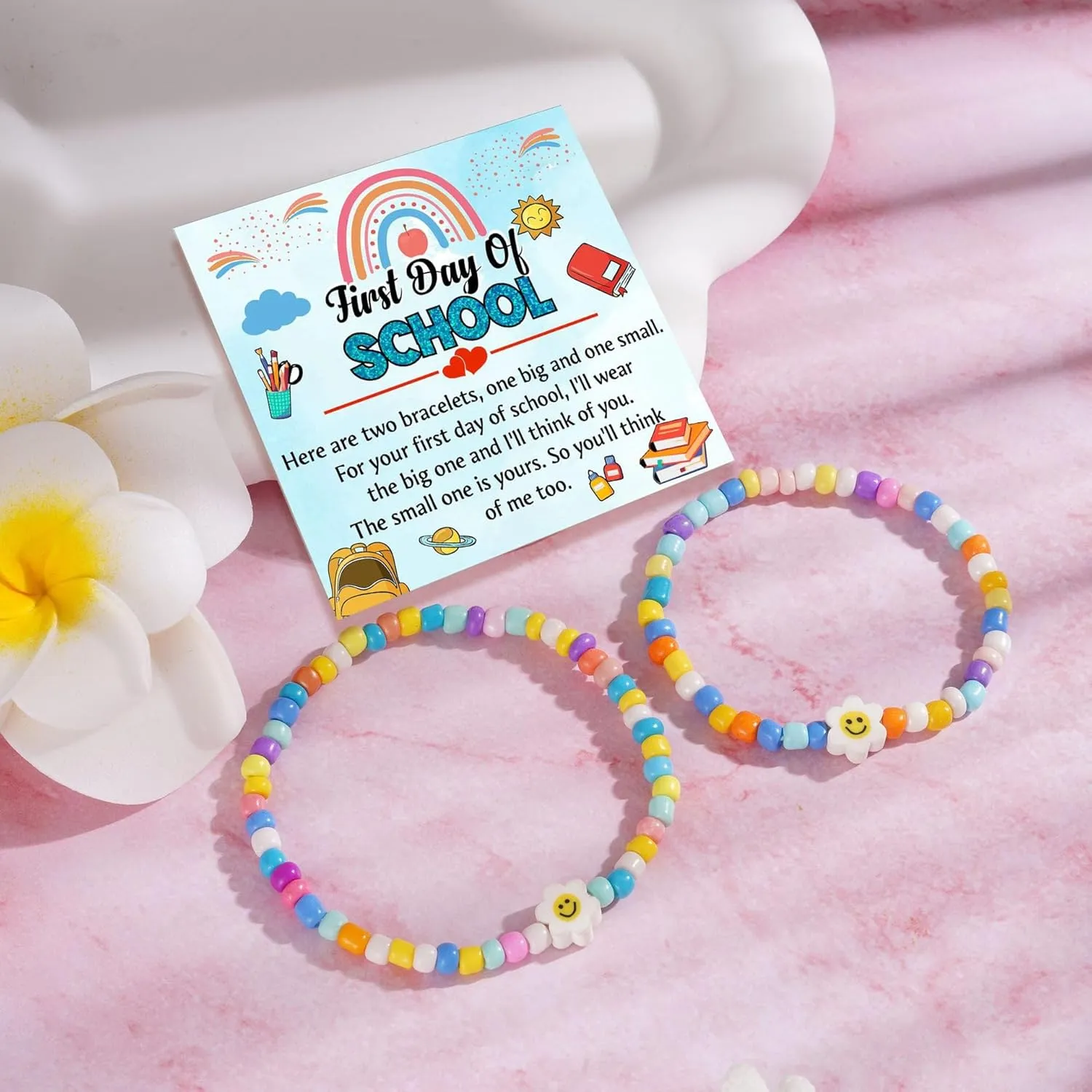 First Day Of Kindergarten Bracelet For Mommy and Me, Back To School 2Pcs/Set Letter Heart Flower Pendant Colorful Beads Silicone Gift Jewelry
