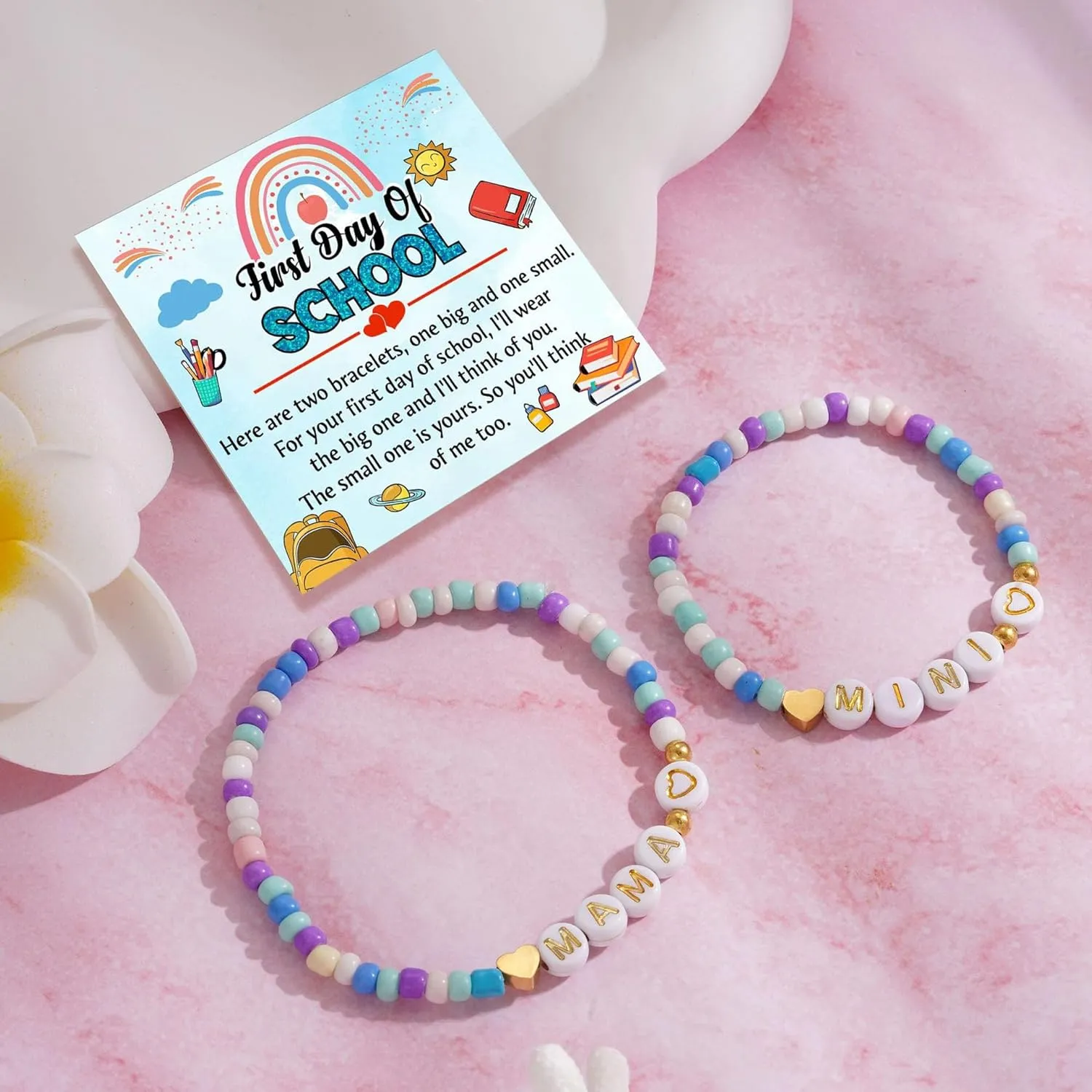 First Day Of Kindergarten Bracelet For Mommy and Me, Back To School 2Pcs/Set Letter Heart Flower Pendant Colorful Beads Silicone Gift Jewelry