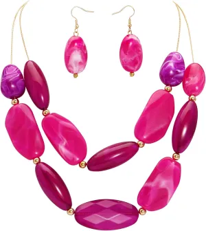Firstmeet Double-Layer Irregular Acrylic Bead Necklace with Earrings Trendy Collar Necklace for Women
