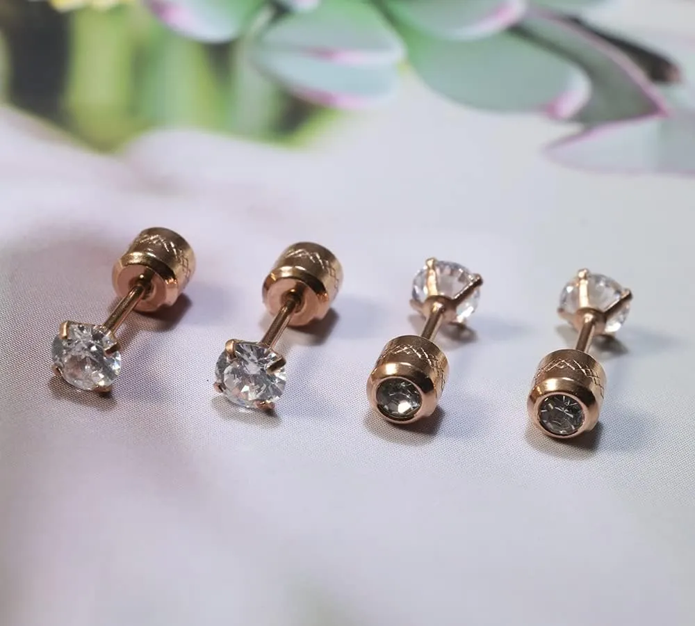 Flat Screw Back Stud Earrings 20G,Tiny Unisex Hypoallergenic Titanium Cartilage Earrings,Safety Screw on Double Round Cubic Zirconia Dainty Helix Earrings for Women,Men,Girls,Size 3-6 mm,Color White Gold - Yellow Gold - Rose Gold - Black