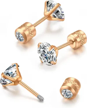 Flat Screw Back Stud Earrings 20G,Tiny Unisex Hypoallergenic Titanium Cartilage Earrings,Safety Screw on Double Round Cubic Zirconia Dainty Helix Earrings for Women,Men,Girls,Size 3-6 mm,Color White Gold - Yellow Gold - Rose Gold - Black
