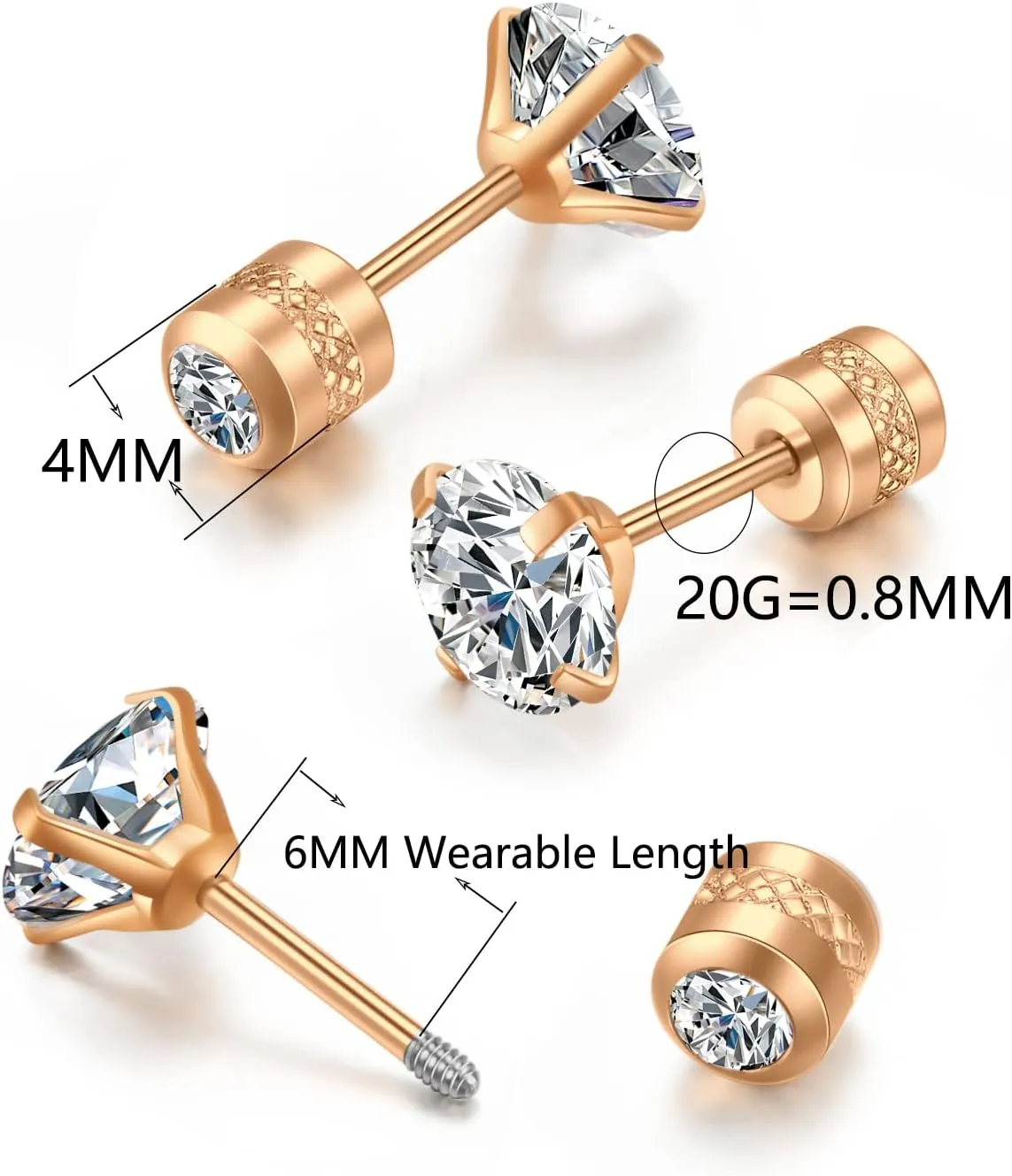 Flat Screw Back Stud Earrings 20G,Tiny Unisex Hypoallergenic Titanium Cartilage Earrings,Safety Screw on Double Round Cubic Zirconia Dainty Helix Earrings for Women,Men,Girls,Size 3-6 mm,Color White Gold - Yellow Gold - Rose Gold - Black