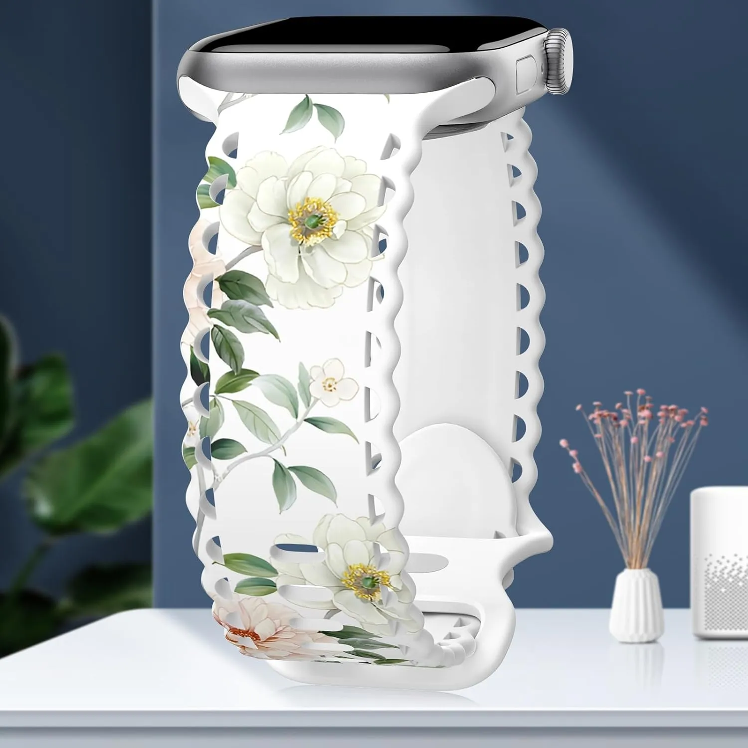 Floral Band Compatible with Apple Watch Band 38mm 40mm 41mm 42mm 44mm 45mm 46mm 49mm Women, Designer Cute Flower Print Pattern Soft Lace Silicone Strap for iWatch Band Series Ultra 10 9 8 7 SE 6 5 4 3 2 1