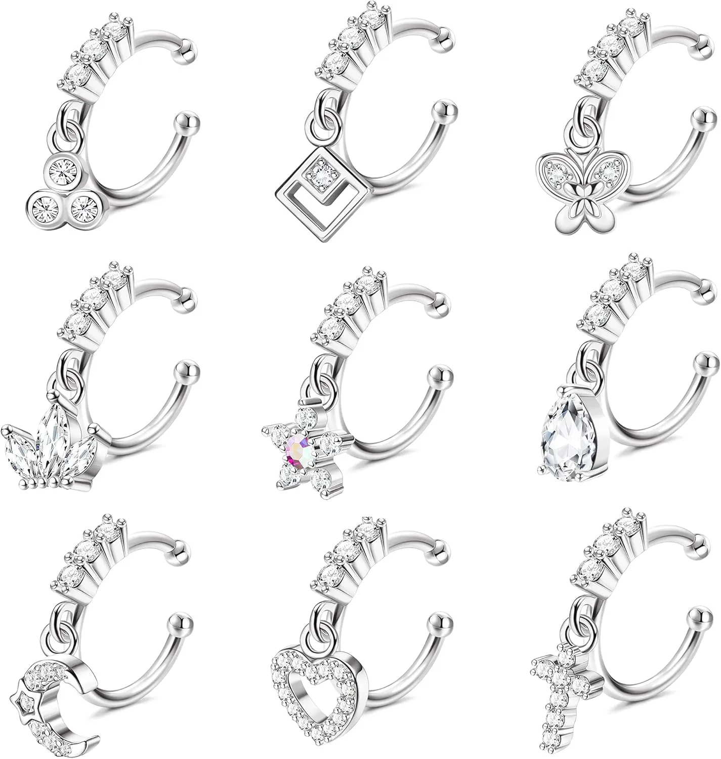 Florideco 9 Pcs 20G Dangle Fake Nose Rings Hoops for Women CZ Dangle Nose Rings Non Piercing Cartilage Earring Nose Cuffs Dangling Faux Nose Piercing Jewelry