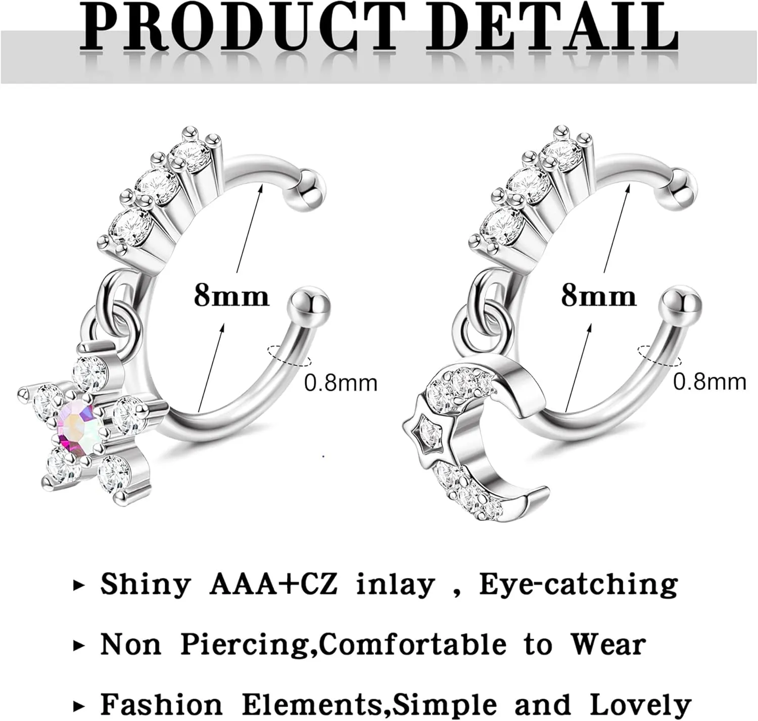 Florideco 9 Pcs 20G Dangle Fake Nose Rings Hoops for Women CZ Dangle Nose Rings Non Piercing Cartilage Earring Nose Cuffs Dangling Faux Nose Piercing Jewelry