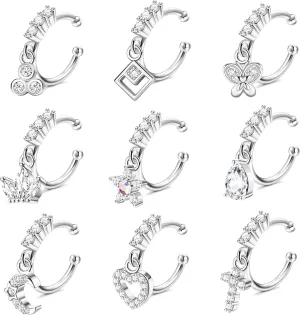 Florideco 9 Pcs 20G Dangle Fake Nose Rings Hoops for Women CZ Dangle Nose Rings Non Piercing Cartilage Earring Nose Cuffs Dangling Faux Nose Piercing Jewelry