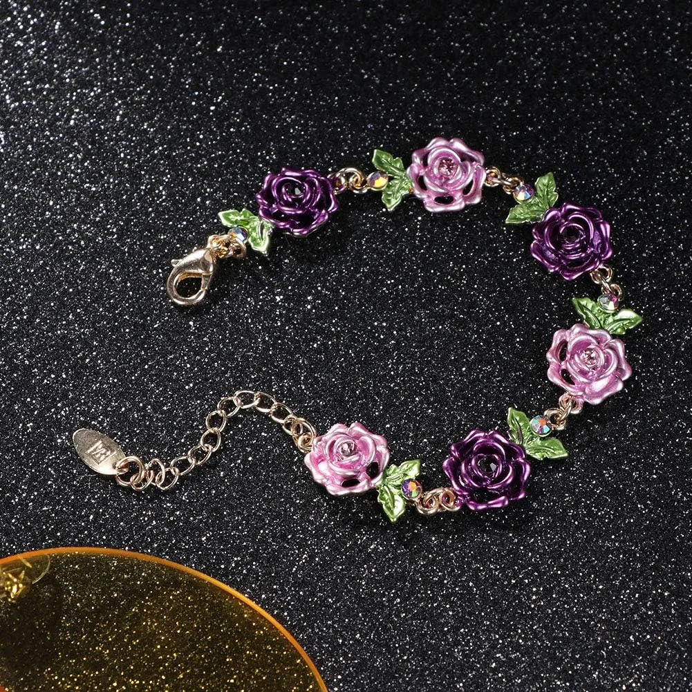 Flower Bracelet,Colorful Link Bracelets Rose Flower Leaf Bangle Bracelet Anklet Cloisonne National Chain Hand Jewelry With Charm rhinestones For Women Lady Girl,With Adjustable Extension Chain Gift Box