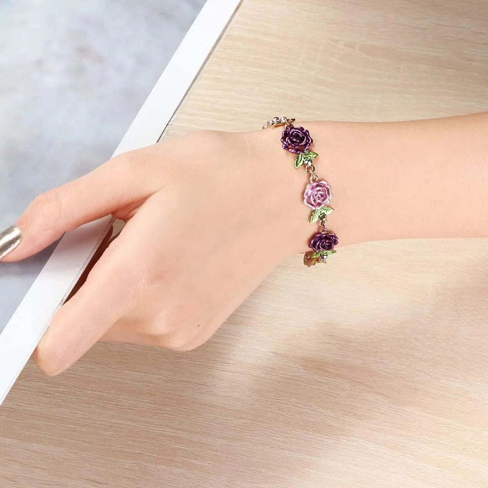 Flower Bracelet,Colorful Link Bracelets Rose Flower Leaf Bangle Bracelet Anklet Cloisonne National Chain Hand Jewelry With Charm rhinestones For Women Lady Girl,With Adjustable Extension Chain Gift Box