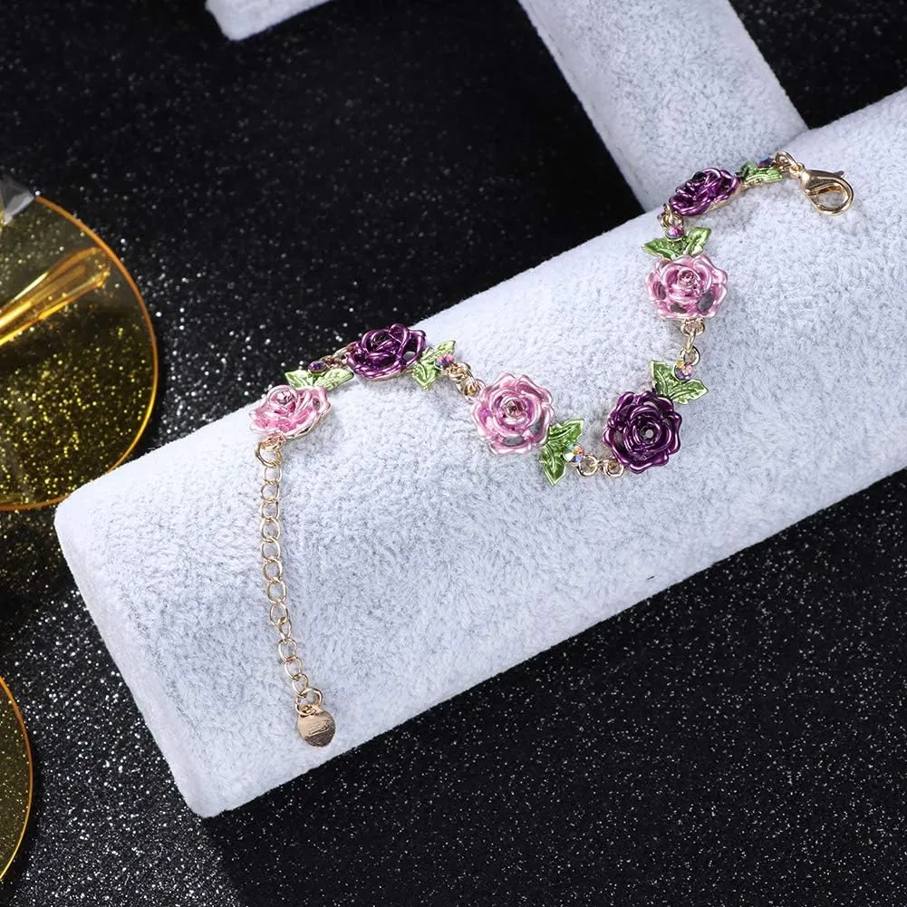 Flower Bracelet,Colorful Link Bracelets Rose Flower Leaf Bangle Bracelet Anklet Cloisonne National Chain Hand Jewelry With Charm rhinestones For Women Lady Girl,With Adjustable Extension Chain Gift Box