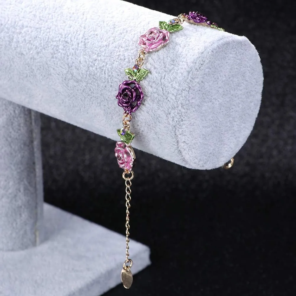 Flower Bracelet,Colorful Link Bracelets Rose Flower Leaf Bangle Bracelet Anklet Cloisonne National Chain Hand Jewelry With Charm rhinestones For Women Lady Girl,With Adjustable Extension Chain Gift Box
