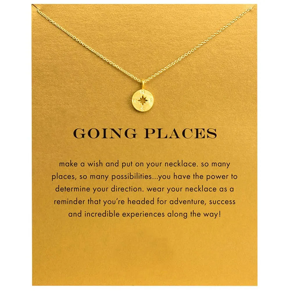 Friendship Delicacy Compass Pendant Necklace Good Luck Key Pendant Chain Necklace with Message Card Gift Card (Gold Compass)
