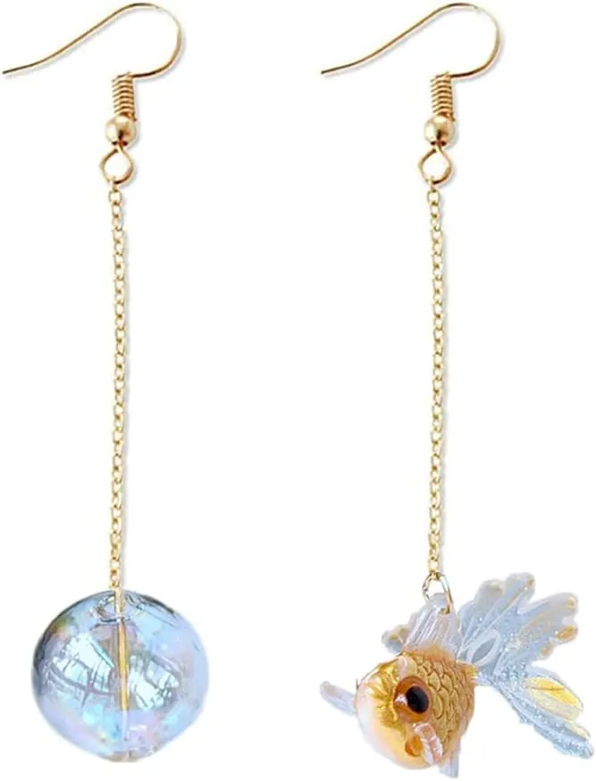 Funny Cute Asymmetry Goldfish Dangle Drop Earrings Lovely Acrylic Resin transparent Glass Ball Fish Earrings for Women