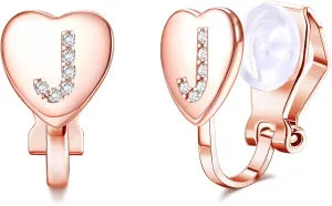 FUNRUN JEWELRY Heart Initial Clip-on Earrings for Women - Rose Gold Plated Dainty Alphabet Letters A-Z Non Pierced Studs