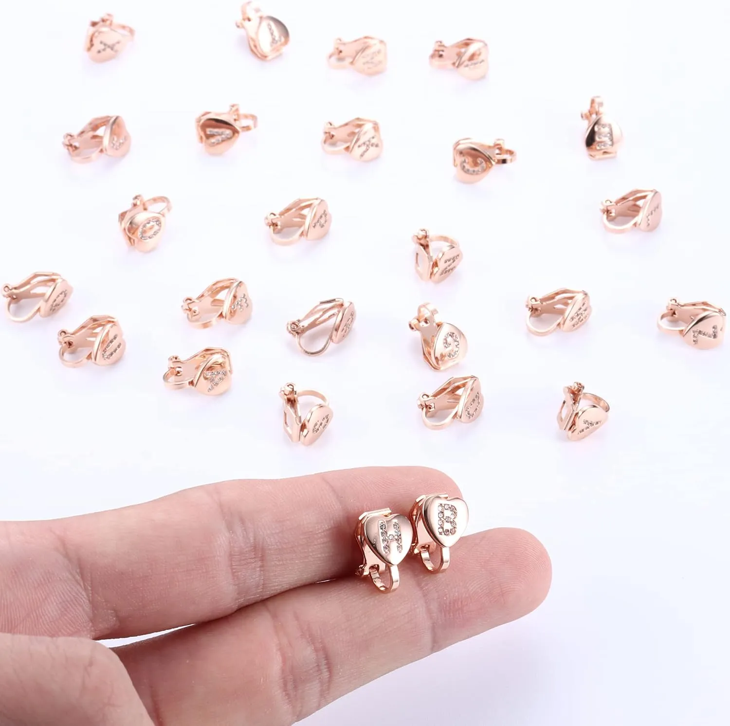 FUNRUN JEWELRY Heart Initial Clip-on Earrings for Women - Rose Gold Plated Dainty Alphabet Letters A-Z Non Pierced Studs