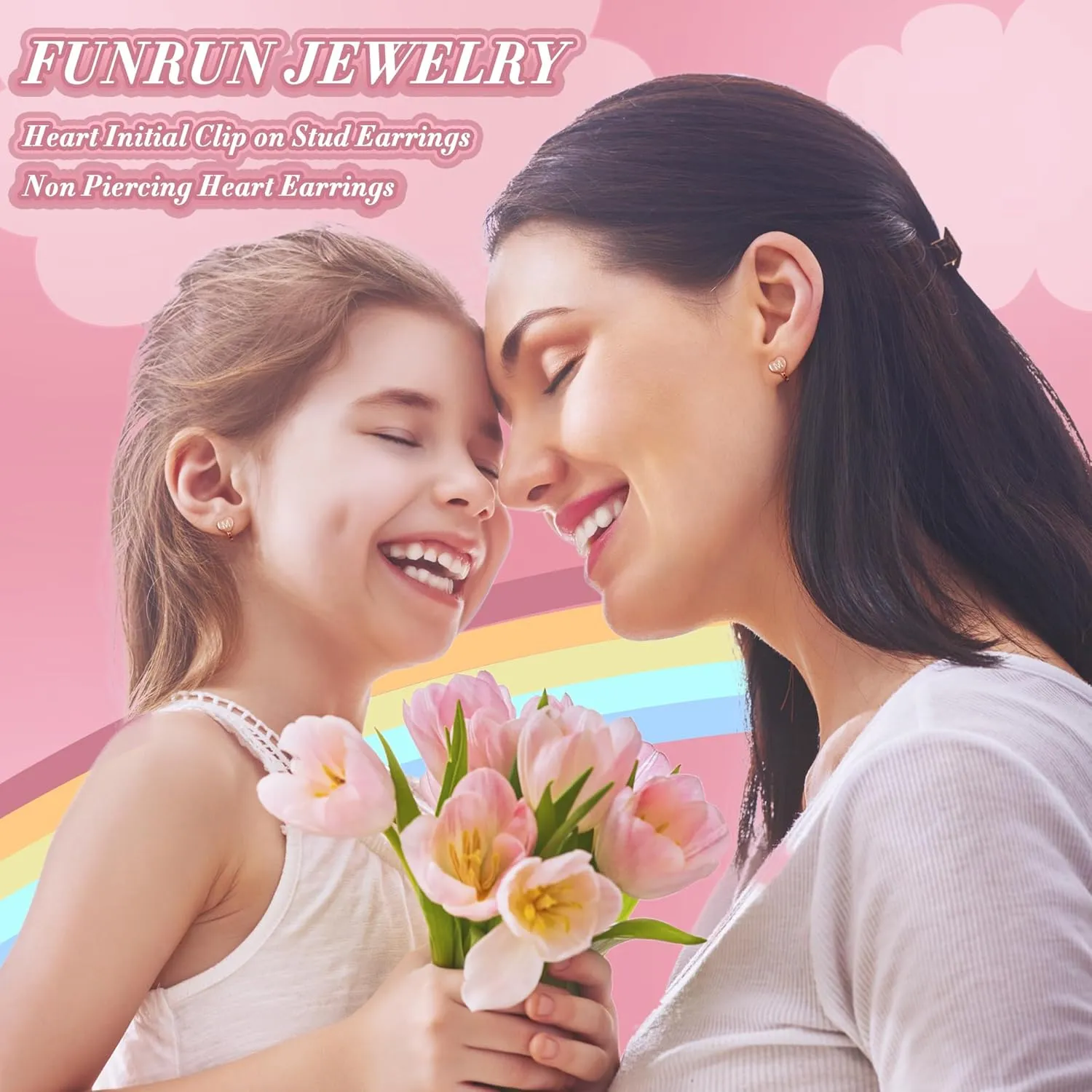 FUNRUN JEWELRY Heart Initial Clip-on Earrings for Women - Rose Gold Plated Dainty Alphabet Letters A-Z Non Pierced Studs