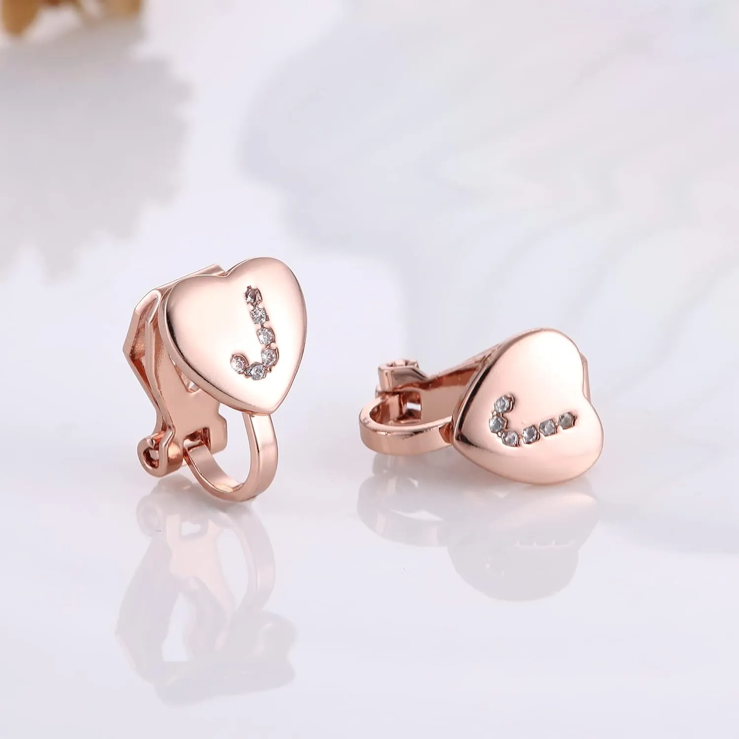 FUNRUN JEWELRY Heart Initial Clip-on Earrings for Women - Rose Gold Plated Dainty Alphabet Letters A-Z Non Pierced Studs