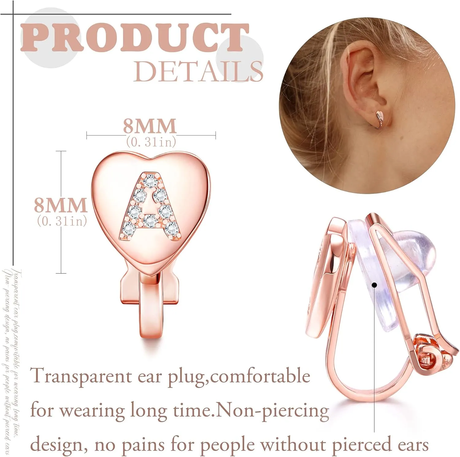 FUNRUN JEWELRY Heart Initial Clip-on Earrings for Women - Rose Gold Plated Dainty Alphabet Letters A-Z Non Pierced Studs
