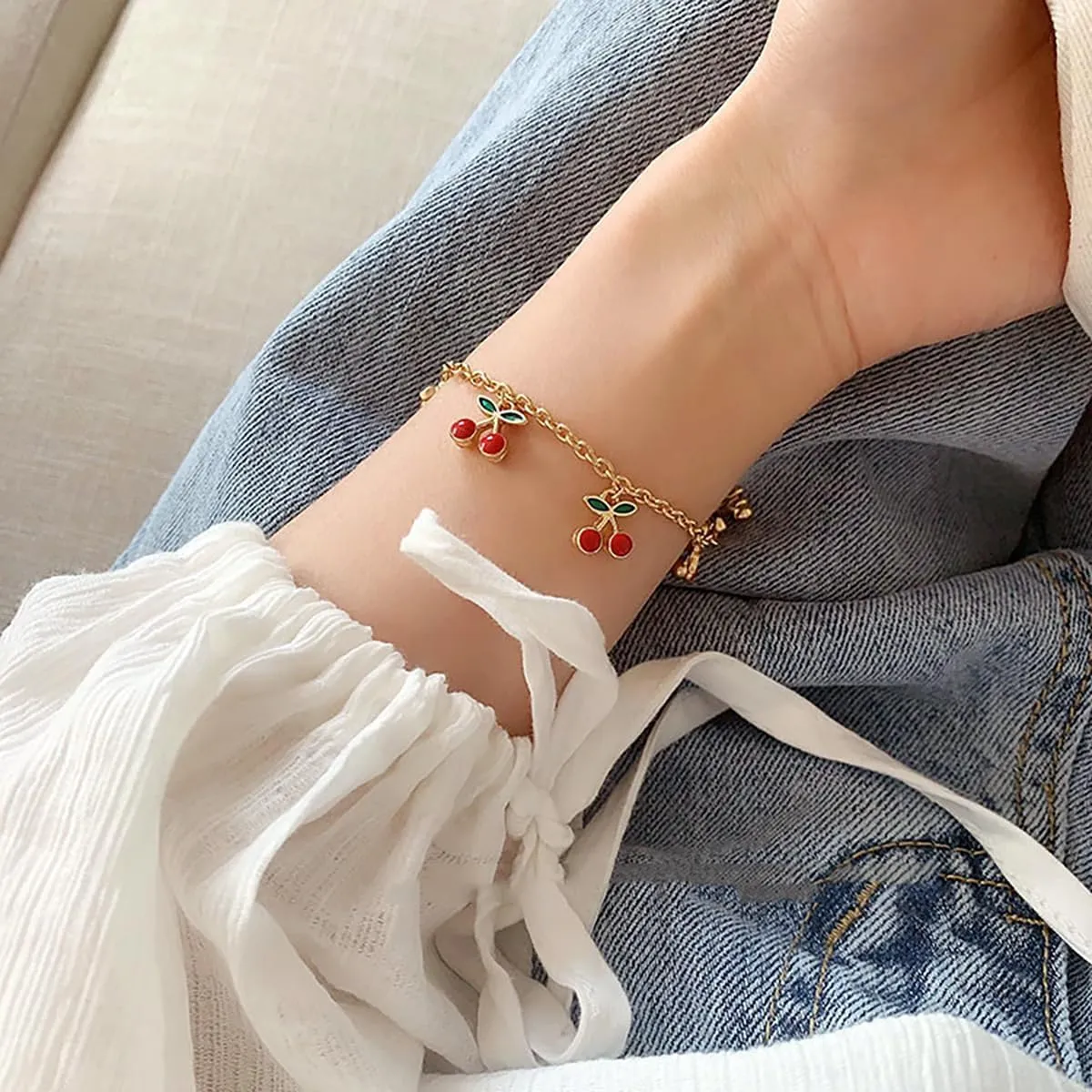 FUTIMELY Cute Red Strawberry Cherry Bracelet Sweet Strawberry Cherry Fruit Charm Bracelet Sisters Bracelet Set for Women