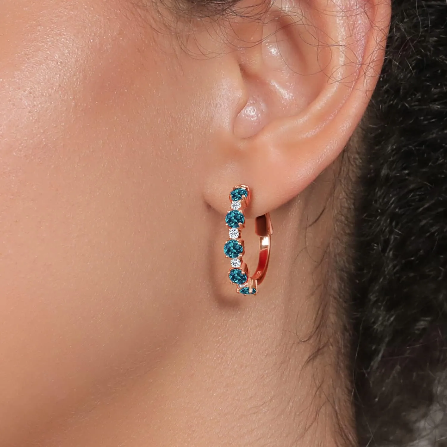 Gem Stone King 18K Rose Gold Plated Silver Gemstone Birthstone and White Topaz Hoop Earrings for Women | Round Cut 4MM and 1.9MM Stones | 1 Inch Diameter Hoops | Fine Jewelry for Her Mom Wife Women