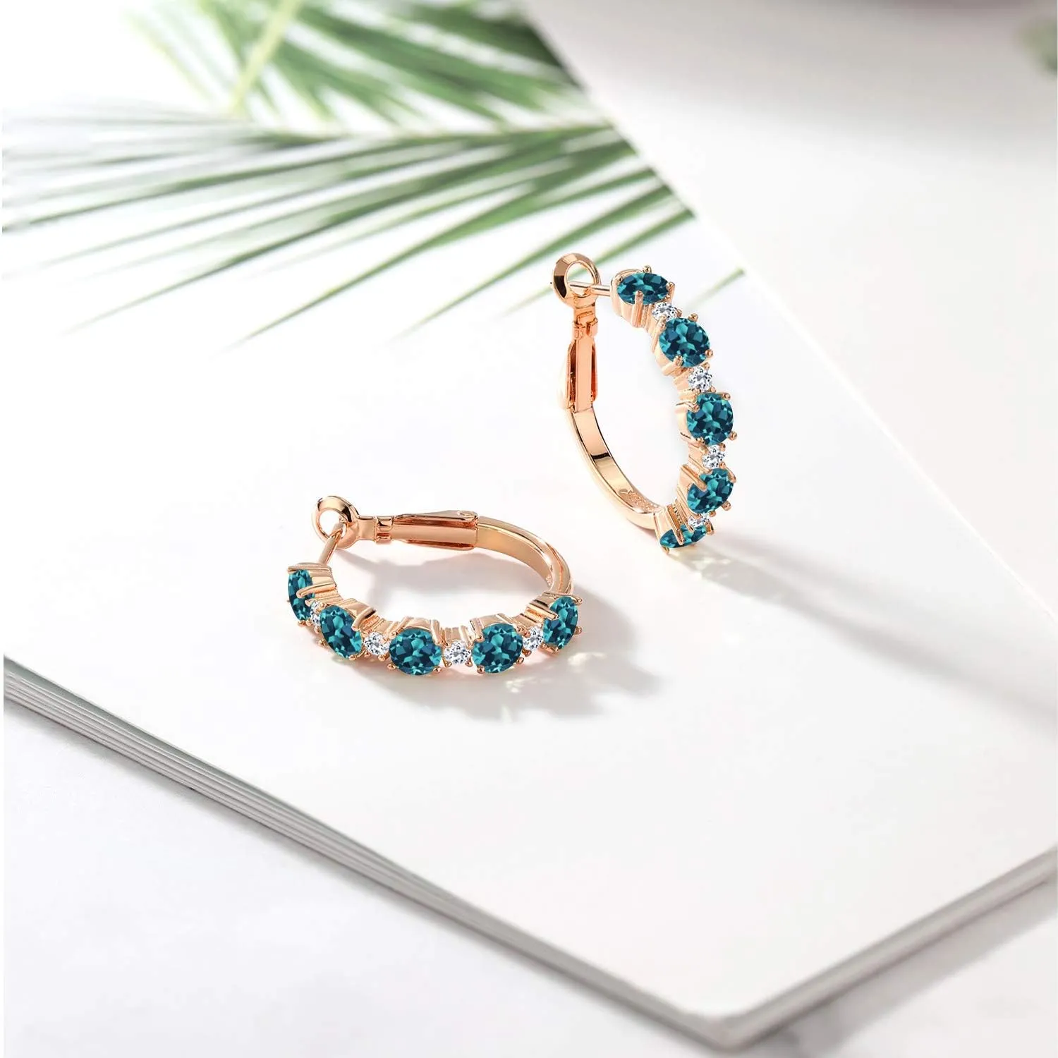 Gem Stone King 18K Rose Gold Plated Silver Gemstone Birthstone and White Topaz Hoop Earrings for Women | Round Cut 4MM and 1.9MM Stones | 1 Inch Diameter Hoops | Fine Jewelry for Her Mom Wife Women