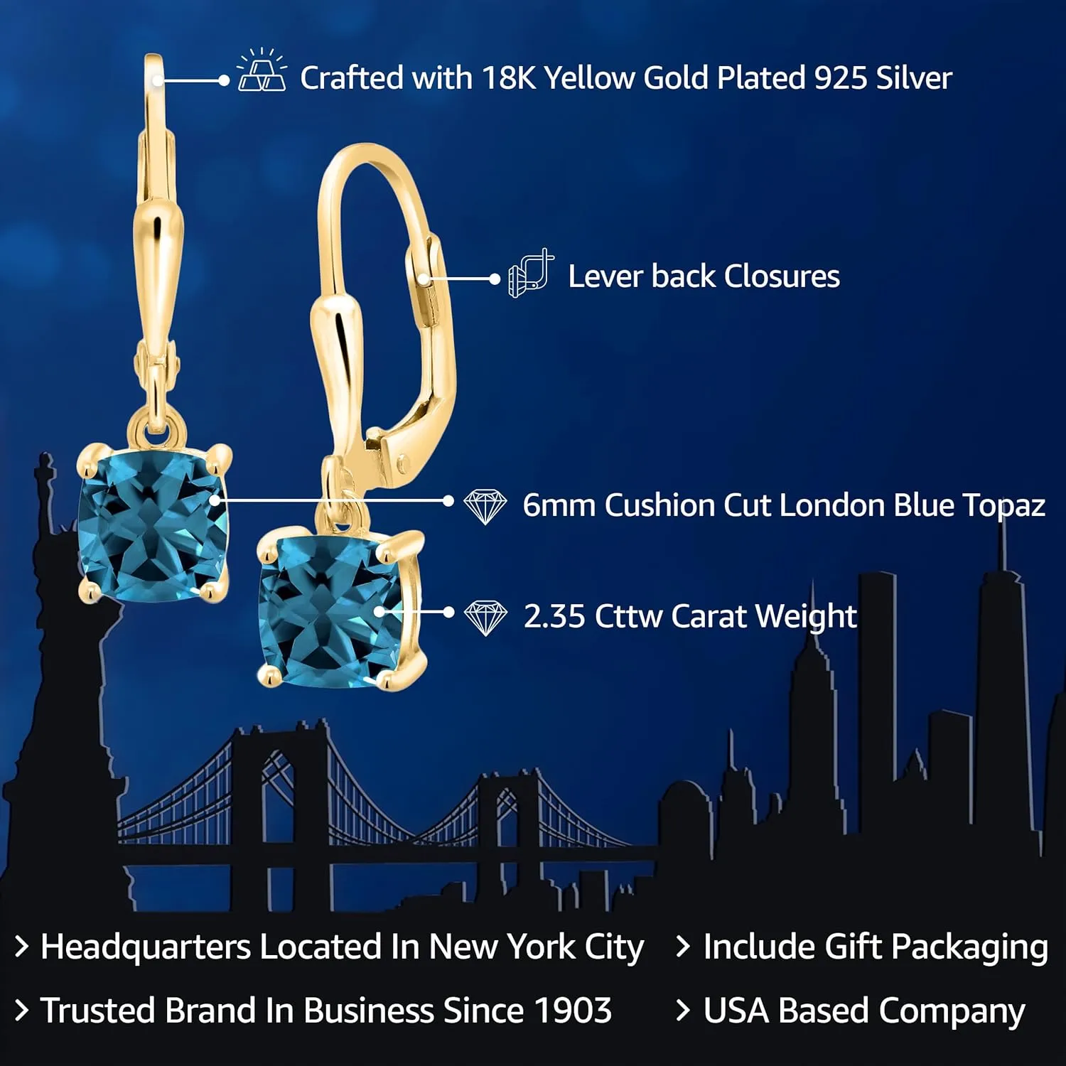 Gem Stone King 18K Yellow Gold Plated Silver 6MM Cushion Gemstone Birthstone Dangle Earrings For Women | Fine Jewelry Gifts for Her Mom Women Wife