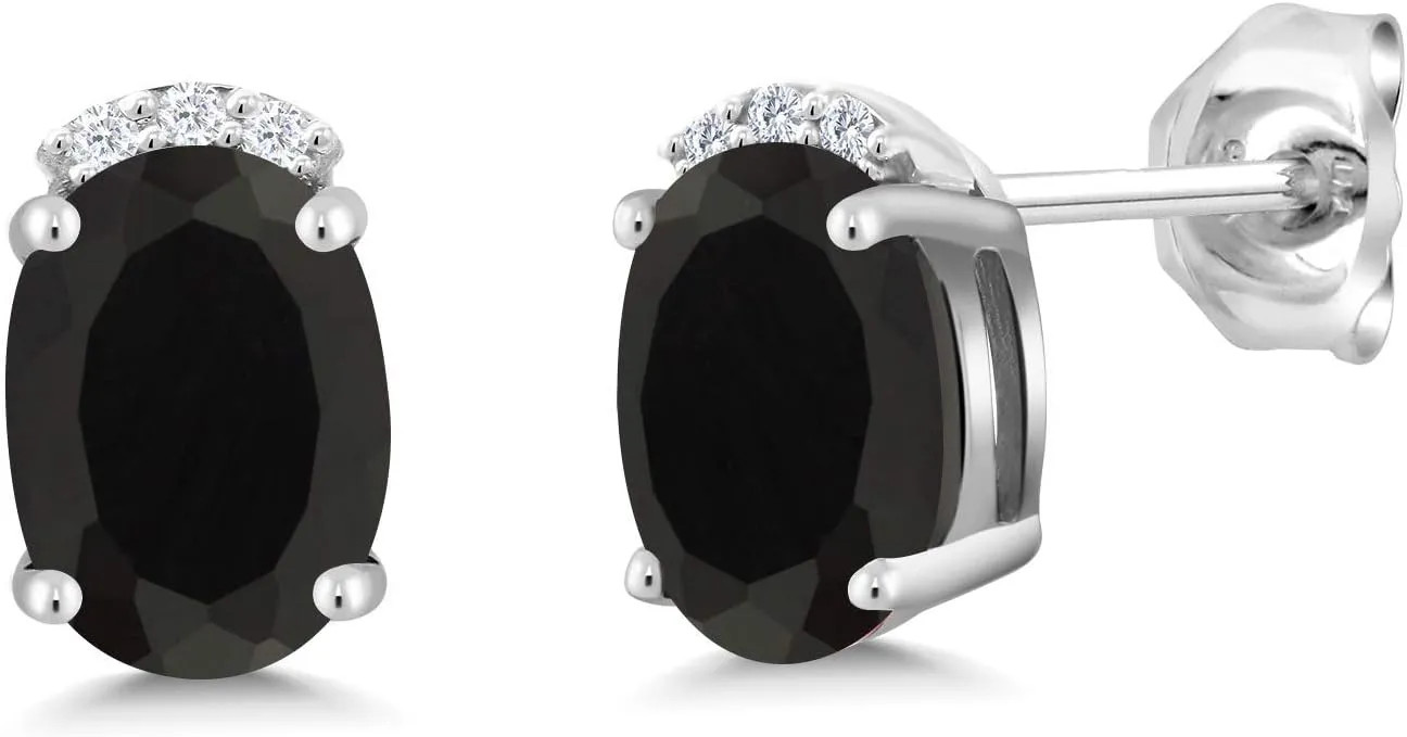 Gem Stone King 925 Sterling Silver Black Onyx and White Lab Grown Diamond Earrings For Women (1.46 Cttw, Gemstone Birthstone, Oval 7X5MM)