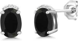 Gem Stone King 925 Sterling Silver Black Onyx and White Lab Grown Diamond Earrings For Women (1.46 Cttw, Gemstone Birthstone, Oval 7X5MM)