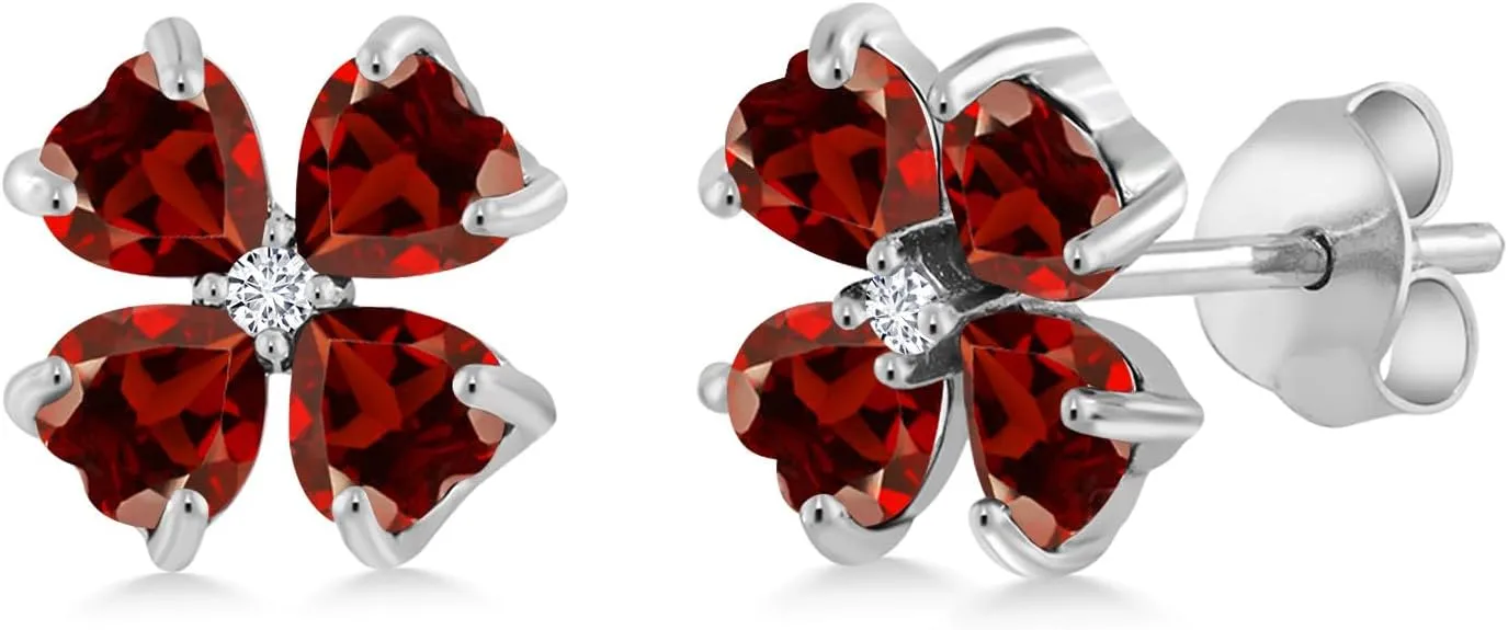 Gem Stone King 925 Sterling Silver Red Garnet and White Lab Grown Diamond Earrings For Women | 2.67 Cttw | Gemstone January Birthstone | Heart Shape 4MM