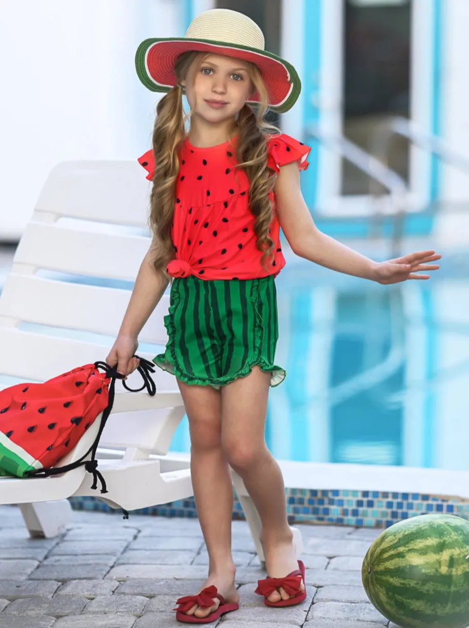 Girls Watermelon Flutter Sleeve Top and Ruffled Short Set