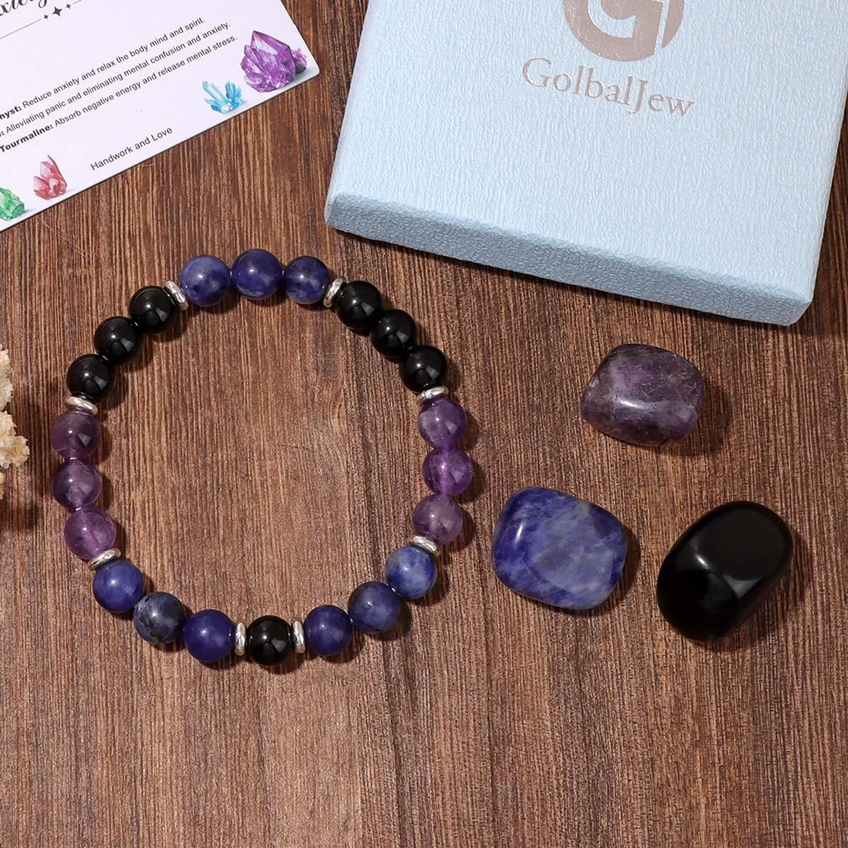GolbalJew Healing Crystal Bracelets With Natural Stones Anxiety Relief Protection Beads Bracelet Palm Stones Crystal Beginner Gift, Set of 4