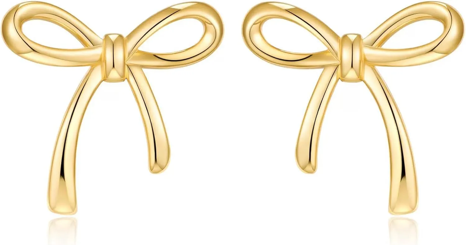 Gold Bow Earrings for Women, 14k Gold Plated Bowtie Stud Earrings, Simple Hypoallergenic Non Tarnish Bows Bow Tie Knot Jewelry Gifts for Ladies