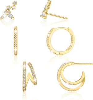 Gold Earrings Stacks Set for Women Trendy, 14k Gold Plated Huggie Stud Hoop Stackable Cartilage Earrings Hypoallergenic Earring Sets Stack for Women Multiple Piercing, Dainty Jewelry Gifts