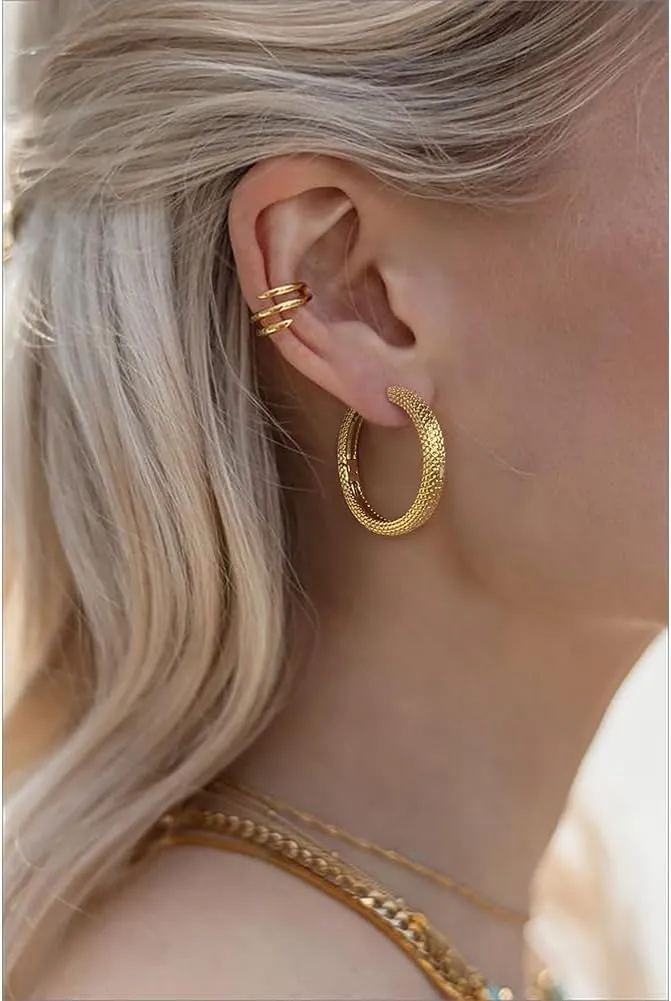 Gold Hoop Earrings For Women Geometric Textured Beaded Hoops Hypoallergenic Earrings