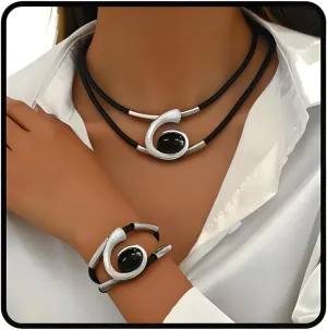 Gold Jewelry Set, Silver Black Boho Western Double Layered Chunky Vintage Pendant Necklace Stack Trendy Adjustable Non Tarnish Bracelet Cowgirl Dainty Hypoallergenic Earrings Jewelry Sets For Women